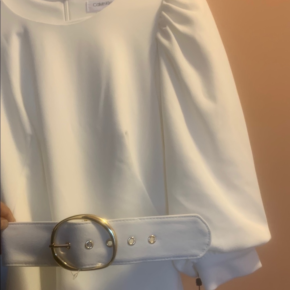 Spring Calvin Klein White Dress with Gold Buckle